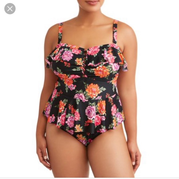 Terra & Sky Other - Terra Sky flowered peplum one piece bathing suit 5X ruffled and lace details
